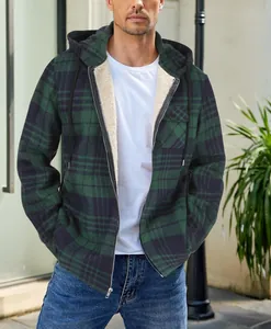 Close-up of men's green plaid flannel jacket with warm sherpa lining and hood