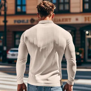 Back view of men's cream ribbed long sleeve polo shirt showing the slim fit texture