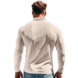 Rear view detail of a men's slim fit ribbed long sleeve polo shirt in cream beige color
