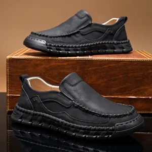 Men Hand-Stitched Casual Loafers Microfiber Leather Slip-on Shoes Solid Color Retro Non-Slip Rubber Sole Fashion Footwear For Men