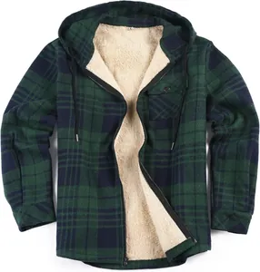 Close-up detail of green plaid hooded jacket with warm off-white fleece lining