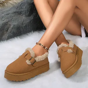 Women Winter Round Toe Faux Suede Snow Boots Belt Buckle Platform Plush Lined Warm Cotton Shoes Non-Slip Rubber Sole Boots