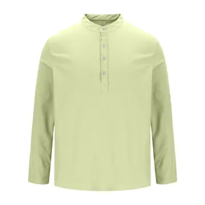 Detail of men's pale green long-sleeve shirt with mandarin collar and textured fabric