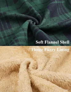 Detailed view of the soft green plaid flannel shell and fuzzy fleece lining texture.