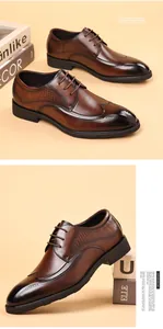 Detail view of premium brown leather brogue shoes with vintage wingtip carving for men