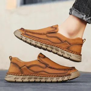 Stylish men's hand-stitched leather loafers in brown with thick anti-slip soles