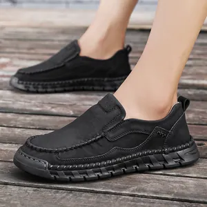 Men's handmade stitched casual black leather slip-on loafers shoes for daily wear