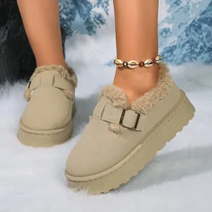 Cozy winter beige suede platform snow boots with warm faux fur lining and metal buckle