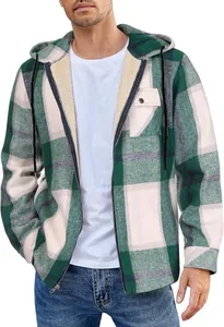 Close-up of men's green plaid hooded jacket with warm fleece lining and zipper closure