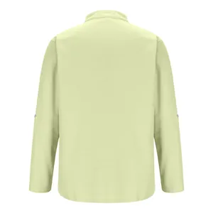 Back view of a men's light green long-sleeved casual shirt with waffle textured fabric detail