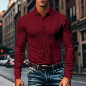 Close-up detail of the ribbed fabric on a men's slim fit long sleeve polo shirt