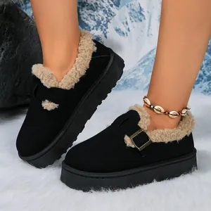 Stylish black platform snow boots with warm plush lining and decorative buckle for winter