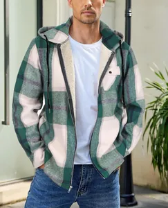 Detailed view of green plaid mens flannel jacket with warm sherpa lining on a model