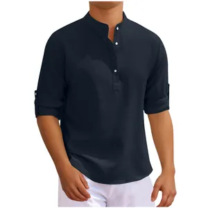 Detailed close-up showing navy blue waffle textured fabric of men's henley shirt