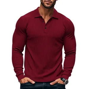 Detail showing the fabric texture of men's slim fit burgundy ribbed long sleeve polo shirt