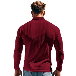 Detailed back view of a men's slim-fit burgundy long-sleeve Polo shirt with ribbed texture