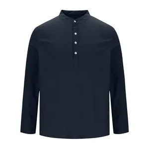 Navy blue long-sleeve mandarin collar shirt with buttoned placket for casual men's wear.