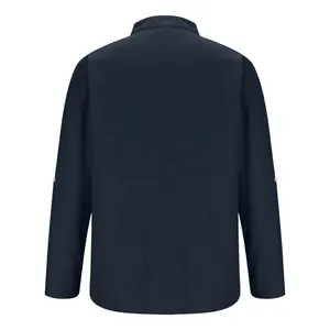 Back view of navy blue long-sleeved shirt with stand collar and roll-tab detail
