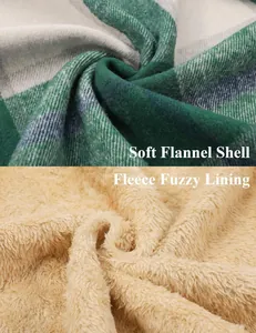 Close-up view of soft green plaid flannel shell and warm beige fuzzy fleece lining.