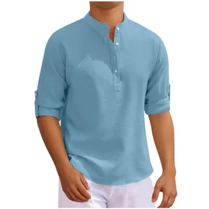 Men's casual light blue waffle knit henley shirt featuring a stand collar design