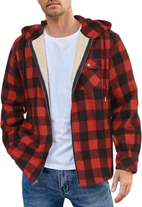 Detail view of red and black buffalo plaid flannel jacket with soft sherpa lining.