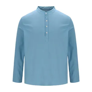 Detailed frontal view of a light blue waffle textured men's long sleeve stand collar shirt