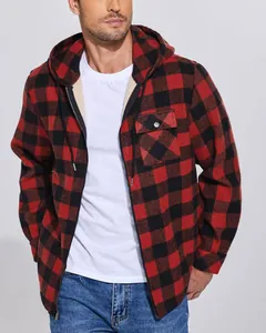 Close-up of men's red and black plaid flannel jacket with sherpa lining and hood