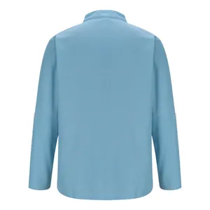 Rear view of a light blue long-sleeve casual shirt for men featuring waffle texture fabric