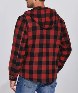 Detailed back view of a men's hooded flannel jacket in a red and black buffalo plaid pattern