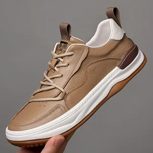 Chaussures Décontractées pour Hommes en Cuir de Vachette de Première Couche Semelle Épaisse Baskets à la Mode Respirantes Basses à Lacets