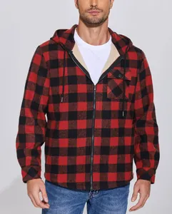 Classic red and black buffalo plaid hooded flannel jacket with warm sherpa lining