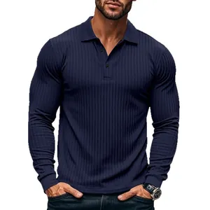 Men's navy blue long sleeve ribbed polo shirt with slim fit and classic collar style
