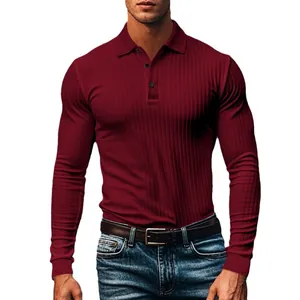 Men's slim fit burgundy long sleeve ribbed polo shirt with classic collar and buttons