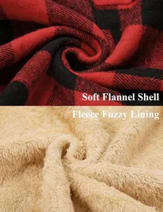 Detailed view of the soft red plaid flannel shell and fuzzy beige fleece lining.