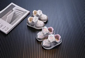 Silver microfiber leather toddler sneakers with soft EVA soles and velcro straps