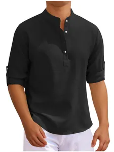 Men's black waffle texture shirt featuring a mandarin collar and button-down placket