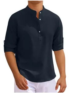 Men's casual navy waffle knit Henley shirt with stand collar and roll-tab long sleeves