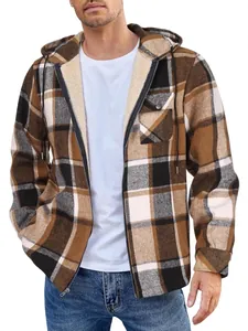 Men's flannel hooded jacket with warm fleece lining and classic brown plaid pattern