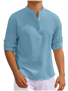 Men's light blue waffle textured henley shirt with stand collar and button-up front