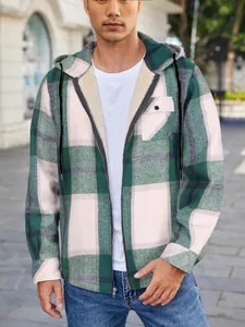 Men's green plaid flannel hooded jacket with warm fleece lining and zipper closure