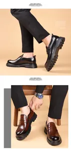 Detail view showing the craftsmanship of men's genuine leather loafers with thick soles.