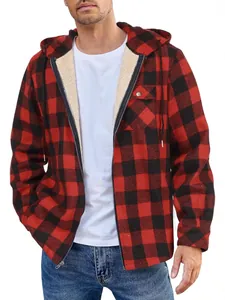 Men's stylish red and black buffalo plaid hooded flannel jacket with warm fleece lining