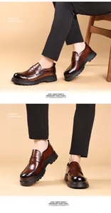 Macro view of brown genuine leather loafers with stylish thick black soles