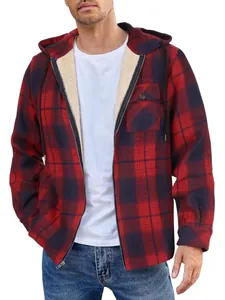 Men's stylish red and black plaid flannel hooded jacket featuring a warm fleece lining