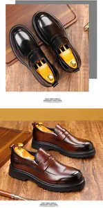 Classic men's genuine leather penny loafers with thick rubber soles in black and brown.