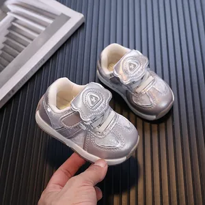 Silver microfiber baby walking shoes with soft EVA sole for toddlers 0-3 years