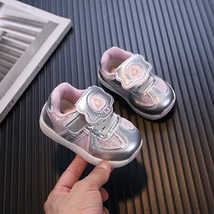 Premium silver metallic baby sneakers with pink mesh for toddlers aged 0-3 years