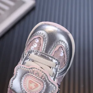 Silver and pink toddler girls sport shoes featuring soft EVA sole and breathable leather upper