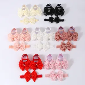 Selection of baby princess shoes with matching lace headbands in various soft colors