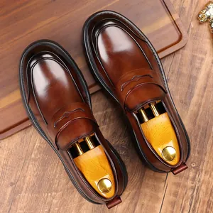 Men's Cowhide Leather Loafers Business Casual Slip-on Dress Shoes Thick Sole Non-slip Moccasins Formal Daily Footwear